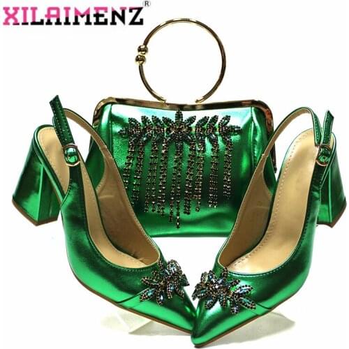 Comfortable Heels Lady Shoes and Bag Set in Green Color Pointed Toe Shoes Matching Bag for Garden Wedding Party