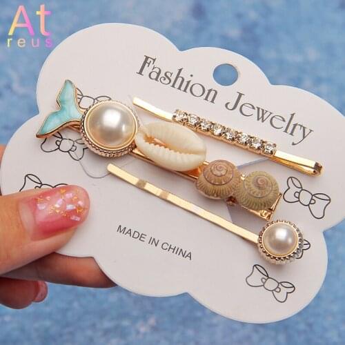 Mermaid Tail Hairpins Natural Conch Shell Hair Grips Women Girls Bohemian Rhinestone Imitation Hairclips Set Hair Accessory
