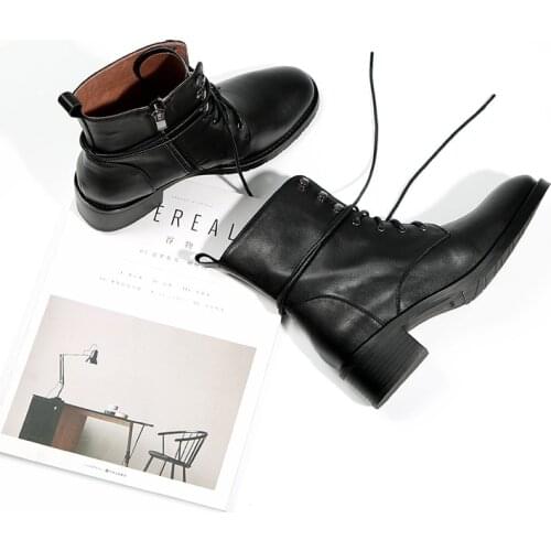 MORDOAN Genuine Cow Leather Lady Boots Womens Mid-Heel Round Toe 2021 Winter Ankle Boots For Women Martin Boots