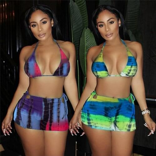 Women 2PCS Women Swimwear Bikinis Set Tie-dyed Print Pattern Halter Bra Tops High Waist Hollow Out Side Lace-up Skirt