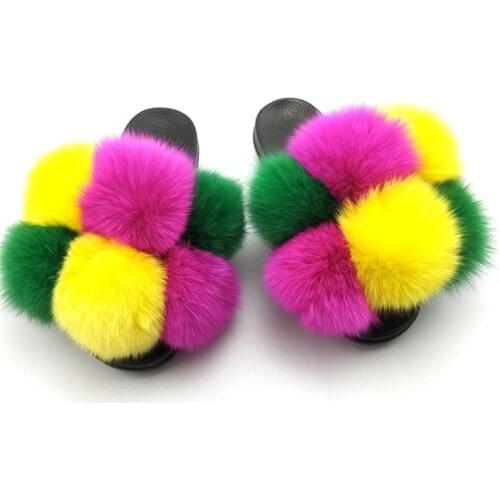 Venus chan fox fur ball slippers female foreign trade sandals foreign trade European and American fashion home flat colored