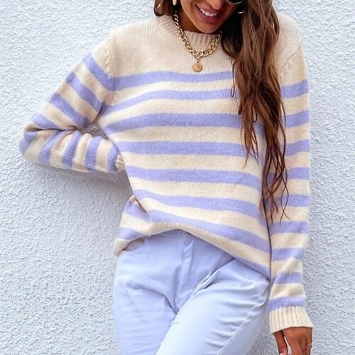 Striped Printed Sweater Adults Casual Long Sleeve Round Neck Knitwear Female 2021 Autumn Wild Fitting Pullover Tops