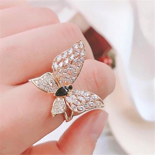 2021 new Japanese and Korean fashion personality open butterfly ring shine zircon temperament hand jewelry trend jewelry