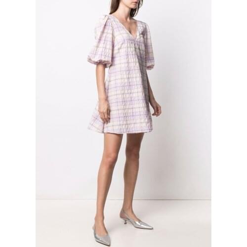 Women V-Neck Purple Plaid Mini Dress 2021 Spring Summer Ladies Puff Sleeve Loose Short Dresses Robe