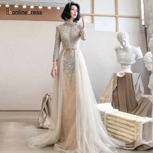 Bbonlinedress Mermaid Evening Dresses Emboridery Appliques Muslim Evening Dress Long Sleeve Arabic vestido de festa