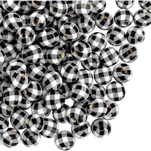 120 Pcs Black White Plaid Wood Beads Farmhouse Buffalo Wooden Beads for Garland Decoration DIY Craft Handmade Bracelet