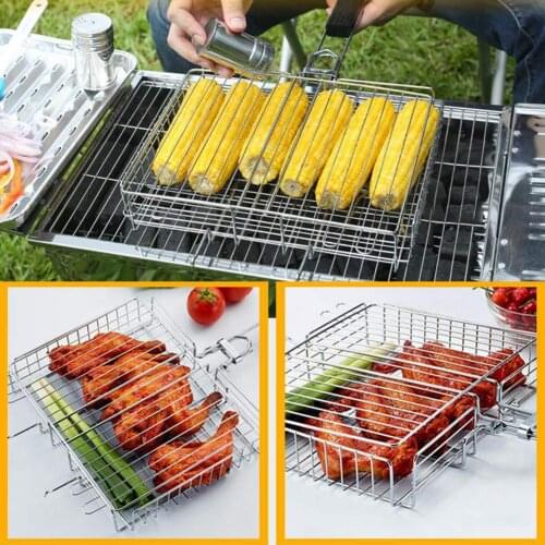 2021 Stainless Steel Wire Barbecue Grilling Basket BBQ Net With Wooden Handle Meat Fish Clip Holder Grill Basket BBQ Rack Tools