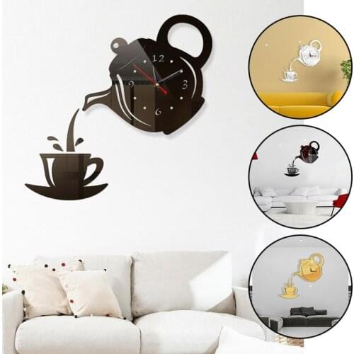 3D Wall Clock Stickers DIY Acrylic Coffee Cup Teapot Decorative Kitchen Living Room Dining Room Decals Bedroom Office Decor