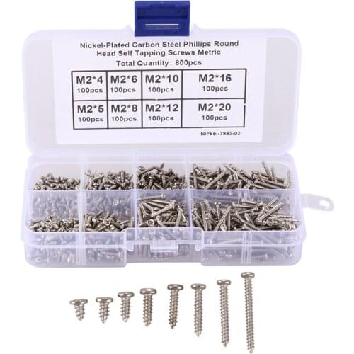 800Pcs/Set M2 Screw Carbon Steel Cross Drive Pan Head Self Tapping Screws orted Fastener M2X4/5/6/8/10/12/16Mm/20Mm