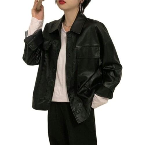 Black PU Leather Jacket Female 2021 New Spring Autumn Womens Coat Short Motorcycle Clothing Casual Small Leather Outerwear Tops