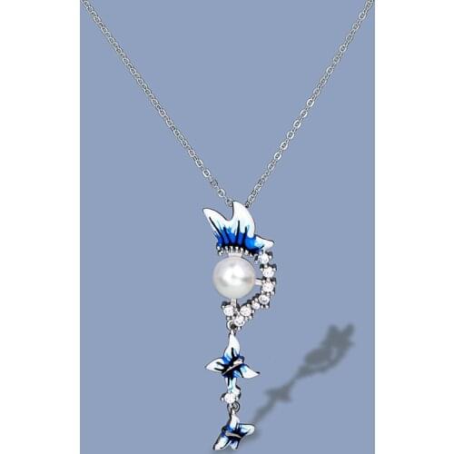 Elegant Pearl Blue Butterfly Tassel Pendant Necklace Fashion New Handmade Enamel Ladies Sweater Chain Silver 925 Jewelry