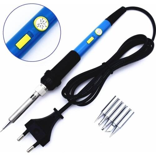 60W 220V Electric Soldering Iron Kit with 5 Tips Power Switch Adjustable Temperature Welding Tool EU Plug for Electronics Work