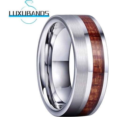 8MM Tungsten Rings For Men Women Polished Offset Line Wood Inlay Wedding Bands Half Brushed Finished Comfort Fit