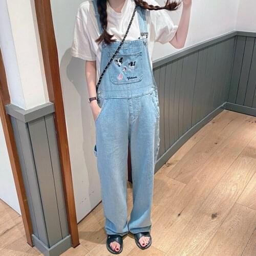 Jumpsuit Women Trousers Harajuku Cartoon Cow Embroidery Vintage Washed Large Pockets Rompers Loose Overalls Denim Bib Pants