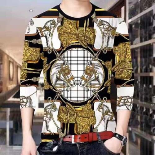 Mens long-sleeved casual t-shirt plus size bottoming shirt 3D angel horse head animal print pattern mens tops clothing