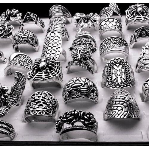 Mix 20 Pieces vintage ring wholesale gothic tribal lady/men carved top-quality antiqued silver Color rings for women