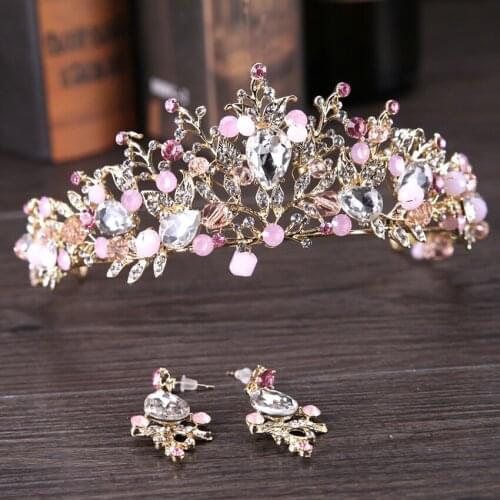 New 2017 Bride Hair Jewelry Pink Crystal Rhinestone Crown Tiara Earring Sets Wedding Hair Accessories Bridal Headband Headpieces