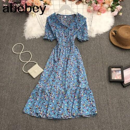 2021 New Summer Women Retro All-match doll collar puff sleeve Dress waist slim Ruffles print floral Dress