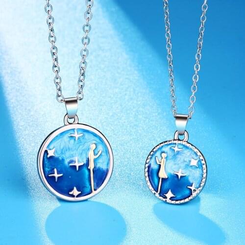 2pc Couple Necklace for Lover Fashion Blue Sky Star Pendent Necklace Enamel Round Coin Collar Jewelry Accessories Love Gifts