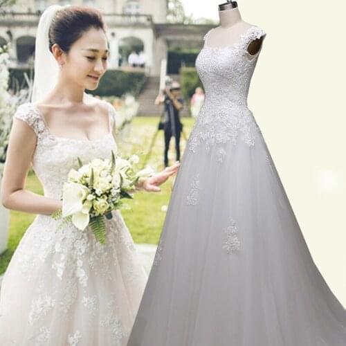 Simple A-Line Wedding Dress Cap Sleeve Scalloped-Neck Lace Applique Plus Size Bridal Dress Custom Button Wedding Gown Real Photo