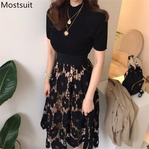Korean Fashion Two Piece Set Women Black Knitted Tops + Hollow Long Skirt Suits Elegant Vintage Female 2 Piece Matching Set 2021
