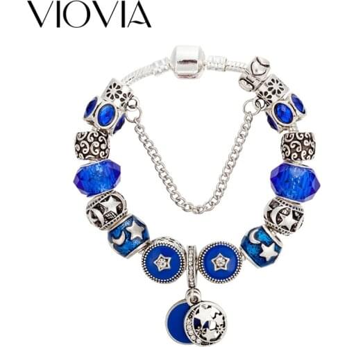 VIOVIA Dropshipping New Arrival Blue Murano Grass Bead Bracelets For Women Crystal Star Moon Charm Bracelet & Bangle B17084