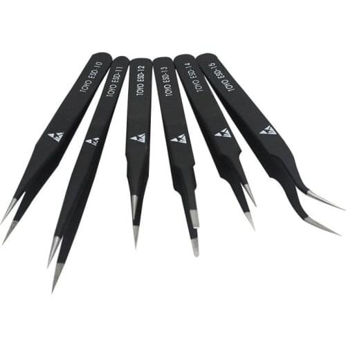 6Pcs/lot Good Quality TOYO ESD Tweezers Anti-static ESD 10-15 Tweezers Set For BGA SMT Soldering Rework 6 Different Sizes