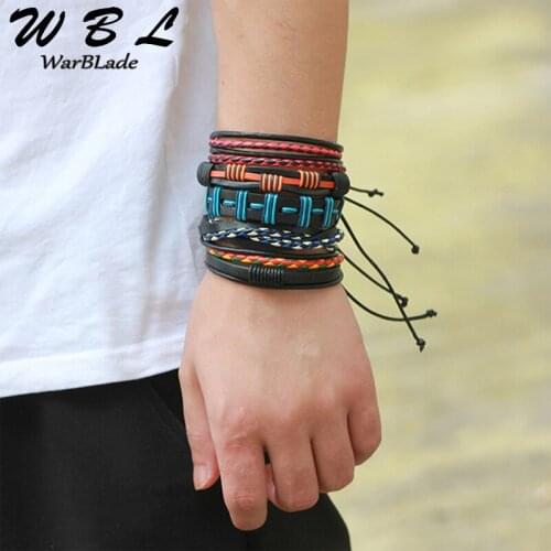 WBL 5pcs/Set Charm Men Bracelet High Quality Genuine Leather Braided Bracelets Bangle Punk Wrap Wristband For Male Vintage
