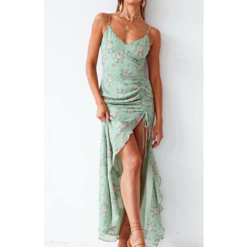 DUISNENA green summer dress floral print sexy robe strap Side ruffled halter midi dress irregular slim women dresses vestidos