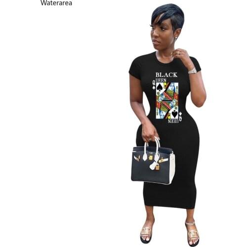 CM.YAYA Women Black Queen Spade Q Letter Print Bodycon Midi Maxi Dress Vintage Fashion Long Pencil Tee Dresses Vestidos