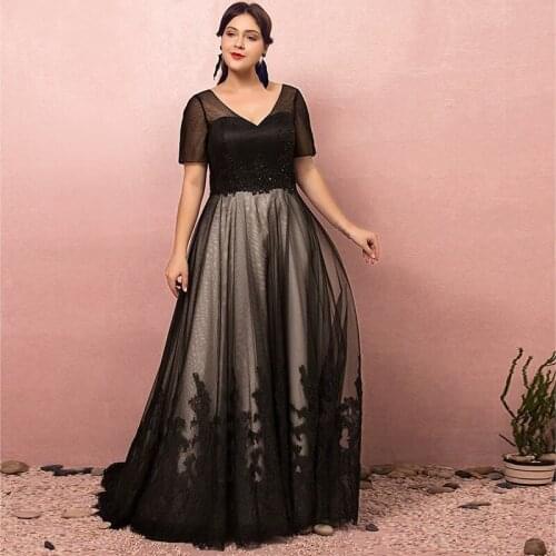 Evening Dress Deep V-Neck Backless Short Sleeves New Embroidery A-Line Lace Up Floor-Length Plus Size Women Formal Gowns D848