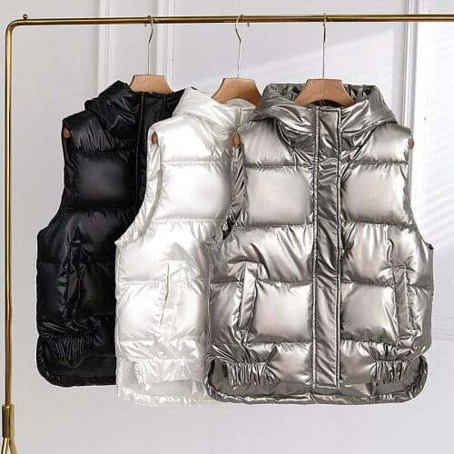 2021 Glossy women vest black white gray short winter top waterproof windproof hooded loose outdoor sports fashion womens jacket