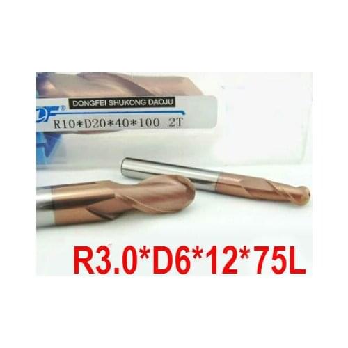 2 Flutes Milling tools Milling cutter Ball nose End Mill CNC router bits hrc55 R3*12*D6*75,Long Milling cutte