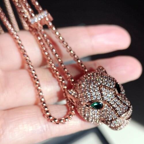 Classic fashion Leopard Head pendant Cubic Zirconia Stone Animal Panther necklace for Men or Women designer copper jewelry