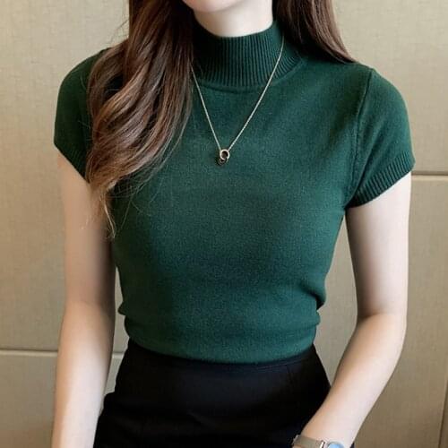 Knitting Blouse Women Solid Slim Blouse Sexy Summer Casual Turtleneck Stretch Short Sleeve Shirt Blouse Tops Рубашка Женская