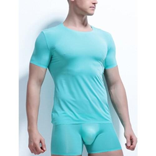Breathable Mens Superthin Ice Silk Undershirt Short Sleeve Sleep T-shirt Male Sports Wear