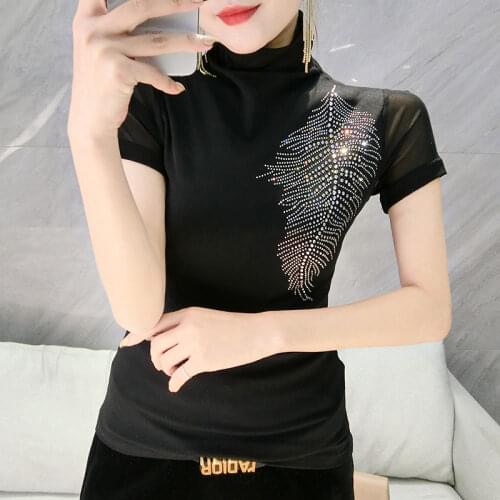 Mesh Tops Turtleneck Women T-Shirt Stretch Mujer Camisetas Summer Autumn Korean Shiny Drill Tees Top Pullover Bottoming Shirt