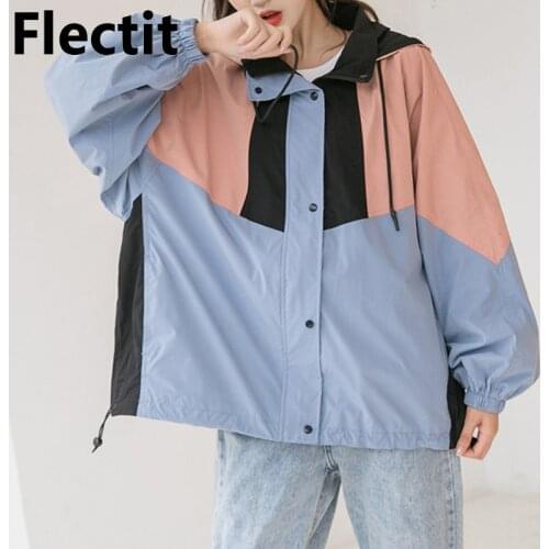 Flectit Women Vintage 90s Colorblock Windbreaker Jacket Oversize Hooded Coat Japanese e-Girls Aesthetic Clothes