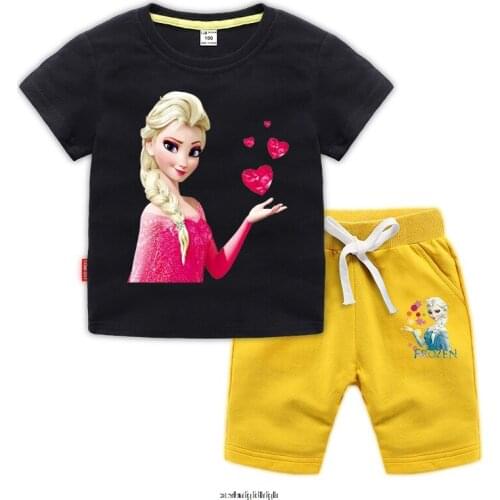 Disney Frozen elsa Cotton Girls Tops Fashion Summer Clothes Kids Shirts Cartoon Boys Short Sleeve Clothing Child T Shirt+Shorts