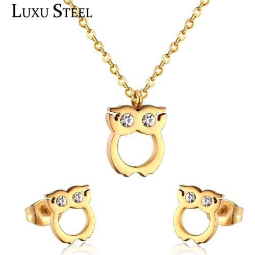LUXUSTEEL Delicate Jewelry Sets White/Black Cubic Zircon Owl Pendant Necklace Earrings Female Bijoux Party Wear Wholesale Gift