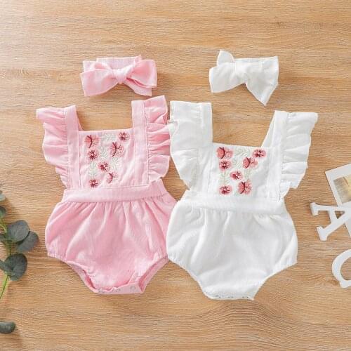 0-24M Summer Lovely Baby Girls Rompers Flowers Embroidery Ruffles Short Sleeve Jumpsuits 2 Colors