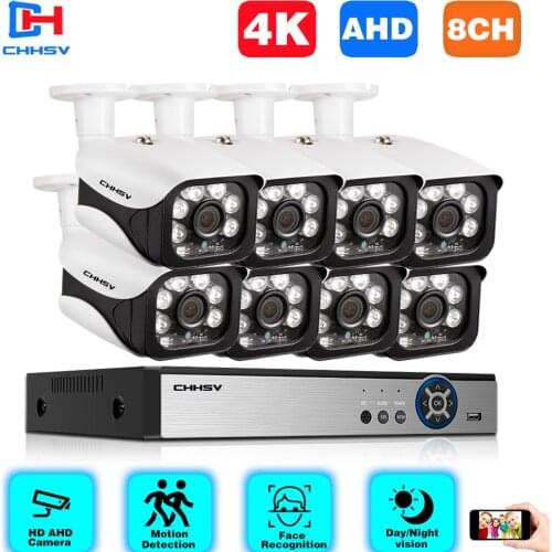 CHHSV Video Surveillance Kit 8MP HD Outdoor CCTV System 8CH 4K DVR 8/4Pcs AHD Waterproof Camera Video Surveillance System Set