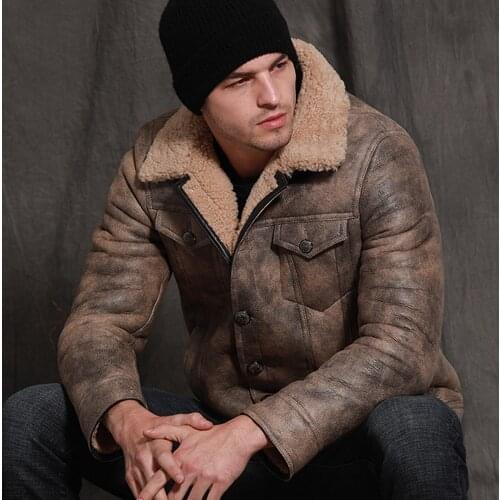 Cool Handsome Style Young Men Winter Short Sheepskin Fur Shearling Black Slim Winter Real Fur Coat Male Warm Outwear