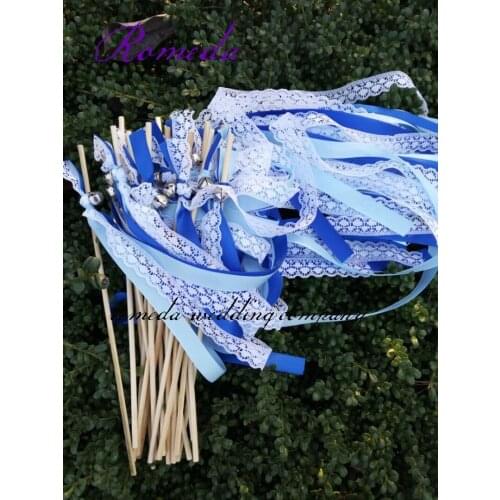 50Pieces/Lot)Style D Dark + Light Blue ribbon lace wedding wands with bell Wedding Ribbon Stick,ribbon Twirling Streamers