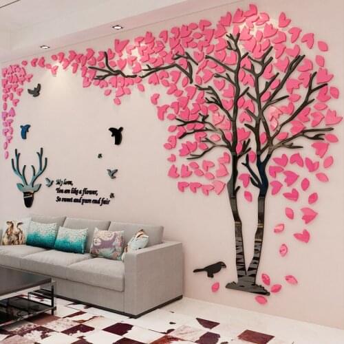 Forest Deer 3d Wall Sticker Smooth Mirror Acrylic Sitcker For Sofa Tv Background Wall Decor Creative Lovers Tree Wallpaper Mural