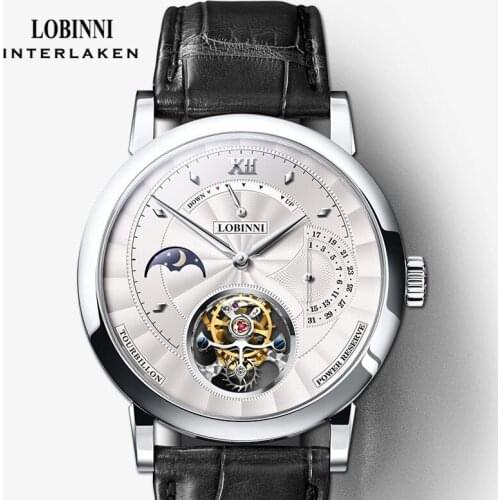 LOBINNI Real Tourbillon Men Watch Seagull Movement Mechanical Watch Sapphire Glass Moon Phase Multifunctional Mechanical Watch