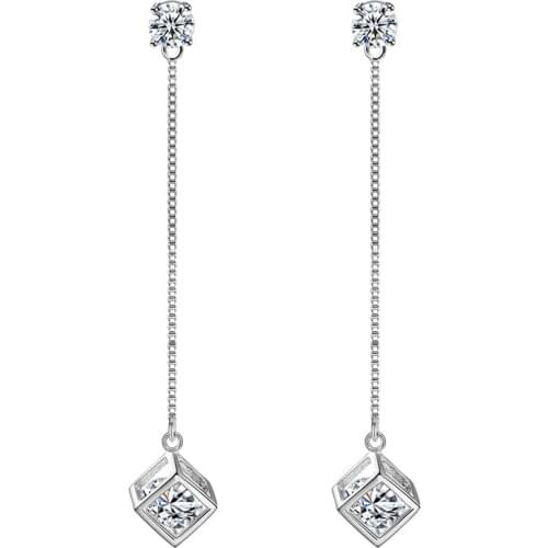 Fashion 925 sterling silver Square CZ Zircon Long Tassel Drop Earrings for Valentines Day Gift Dangle Earring Silver
