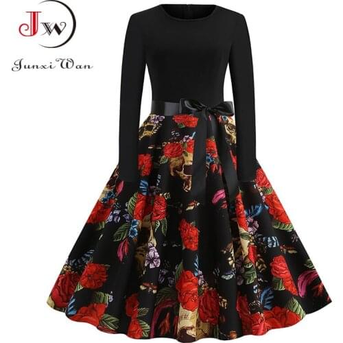 Autumn Winter Long Sleeve Vintage Party Dress Women Elegant Halloween Dress O Neck Black Print Sundress Robe Plus Size