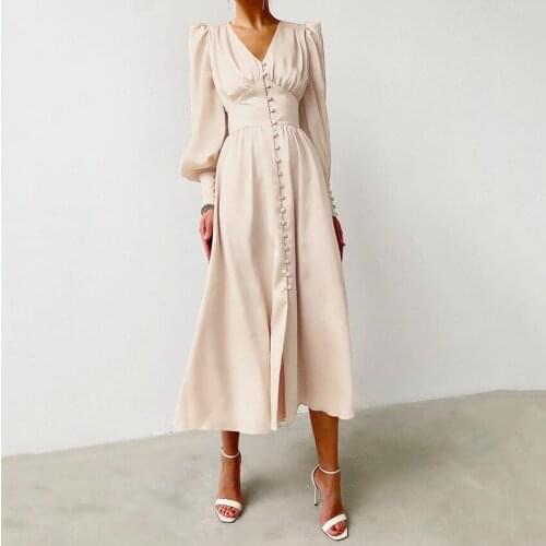 Autumn Women Long A Line Lantern Sleeve Satin Slim Dress