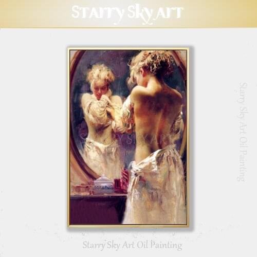 Excellent Pure Hand-painted High Quality Beauty Half Naked Figure Oil Painting on Canvas Lady Looking in The Mirror Oil Painting